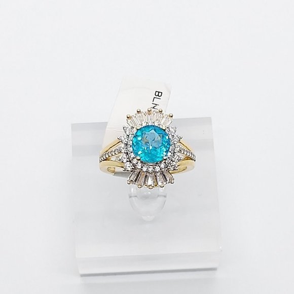 Paraiba Tourmaline Ring, CZ Diamond Gemstone Ring, Halo Solitaire Baguette Ring - Picture 3 of 5